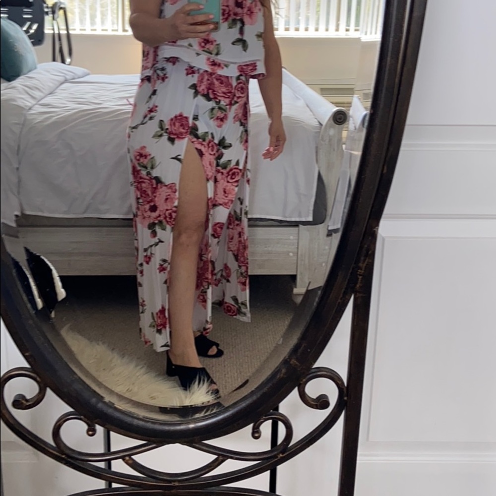 Dress white,off shoulders, long slit pants